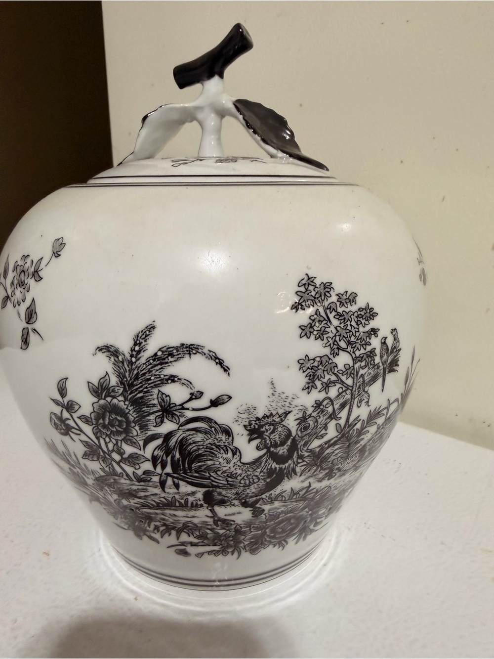 French Black & White Ceramic Ginger Jar with Rooster Motif Highly Collectable
